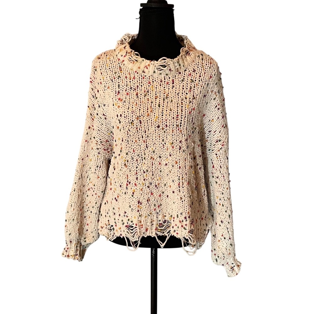 POL S Confetti Knit Distressed Turtleneck Sweater Cream Multi Color Size S Boho